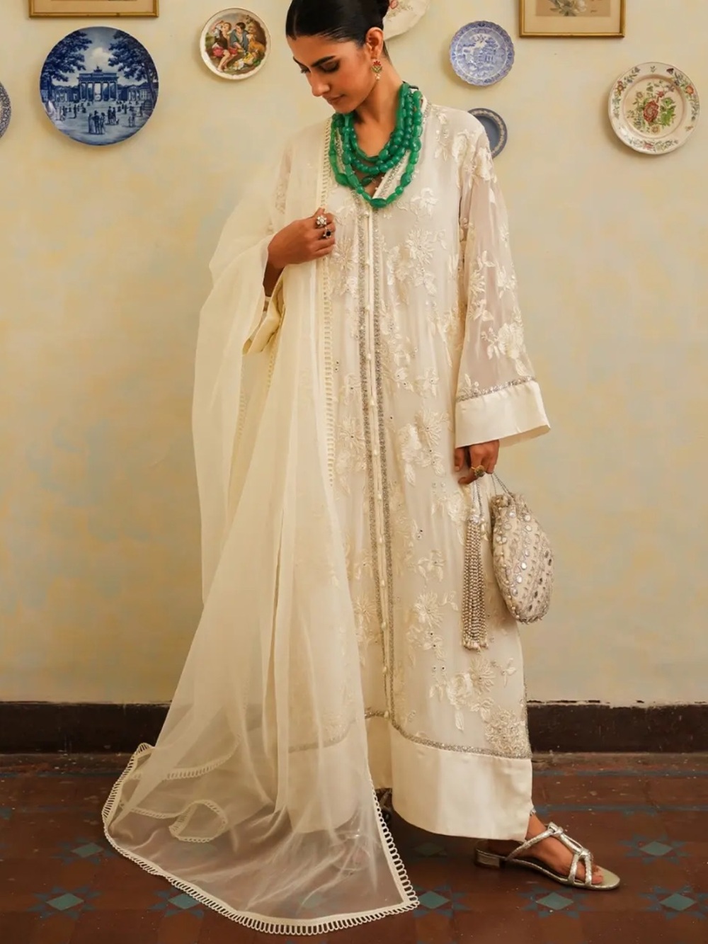 Mahgul Cream Embroidered Women's Kaftan